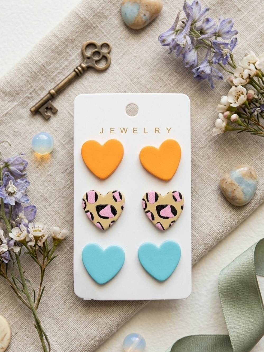 3 Heart Stud Earring Set - Orange, Leopard, Blue